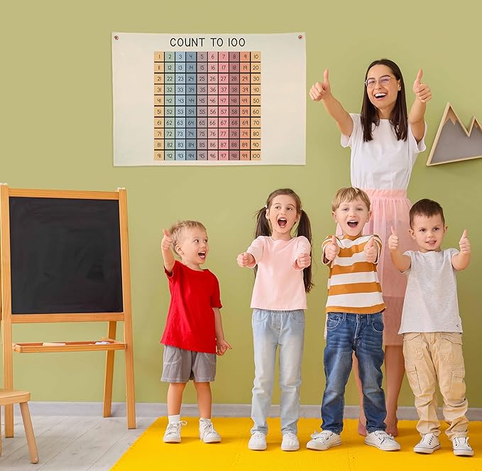 Count to 100 Chart Canvas Banner Wall Decor-Classroom Learning Pennant Flag for Preschool Kindergarten Elementary-Homeschool Number Grid Poster for Practice-Teacher Gift