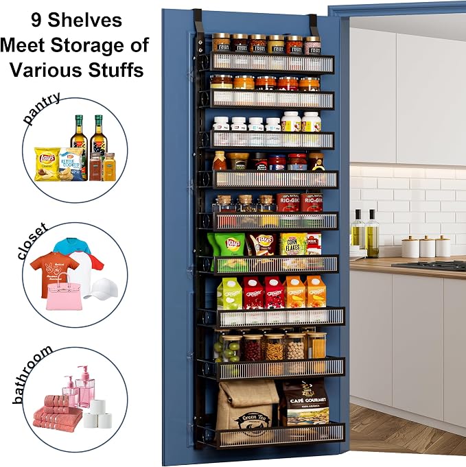 Over the Door Pantry Organizer 9 Tier Hanging Door or Wall Mounted Spice Rack with Adjustable Acrylic Basket,Heavy Duty Metal Seasoning Storage Shelf for Kitchen Pantry and Bathroom Black