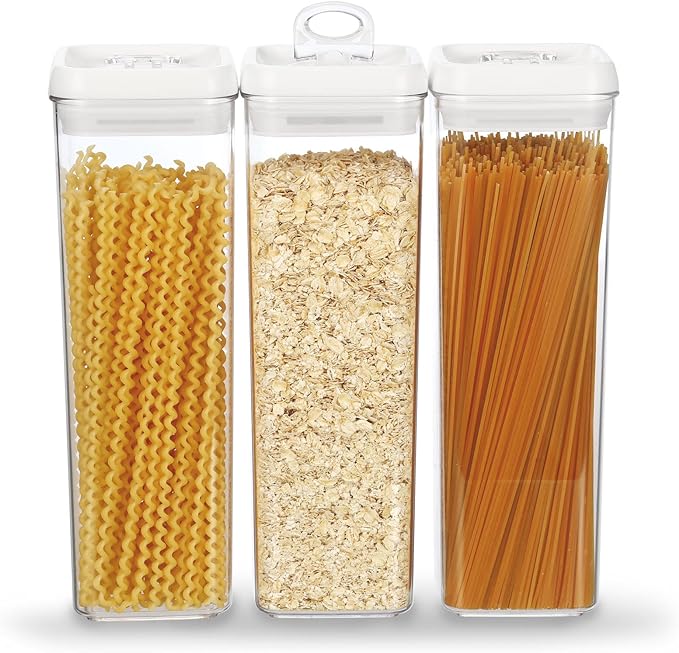 Felli Flip Tite TALL Storage Container with Lid 4" Air Tight Easy Open Ring Top, Clear Acrylic Skinny Canister Jar for Spaghetti Lasagna Fettuccine Noodle, Kitchen Cupboard Pantry Organizer (2.0 qt)