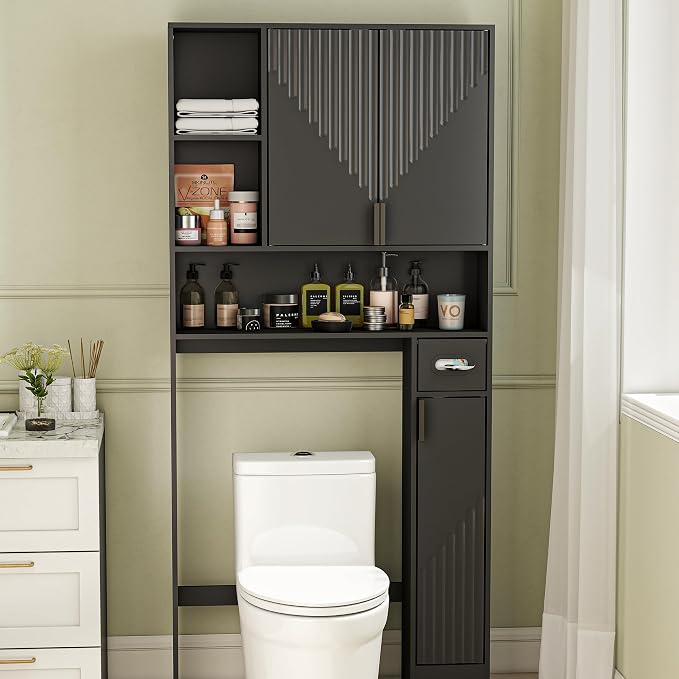 GOODONE Black Over The Toilet Storage Cabinet - with 3 Doors and Toilet Paper Holder Stand, FreeStanding, for Bathroom, Restroom, Laundry