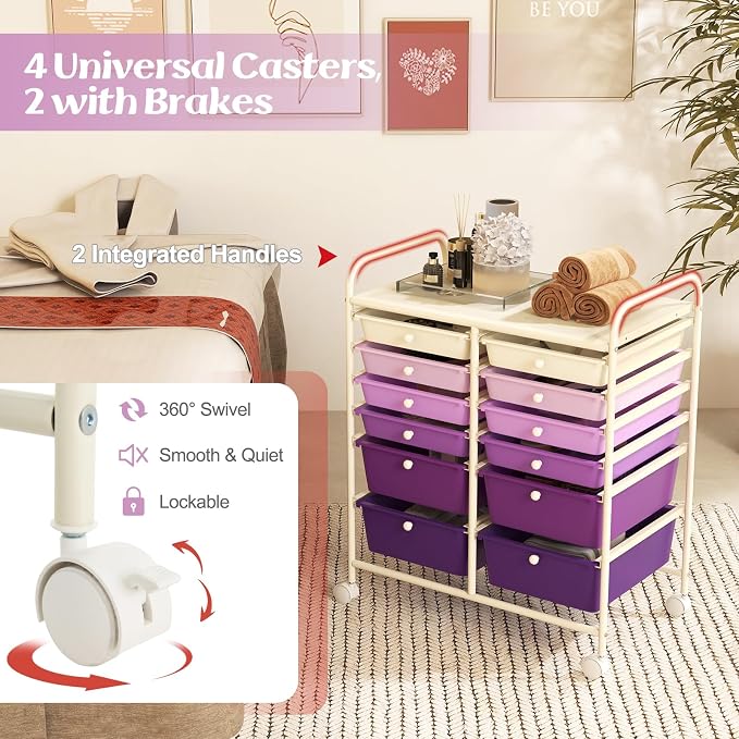 DREAMADE Rolling Cart with Storage Drawers, Utility Cart w/Removable Plastic Drawers, Lockable Wheels, Art Cart for Classroom Organization Art Supplies Office Scrapbook (12 Drawers, Purple Gradient)