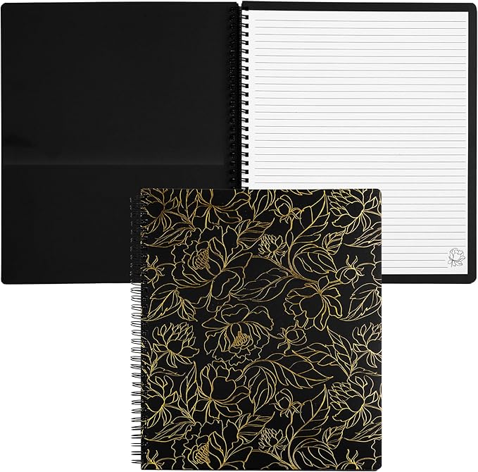 Steel Mill & Co Cute Large Spiral Notebook College Ruled, 11" x 9.5" with Durable Hardcover and 160 Lined Pages (Gold Floral)