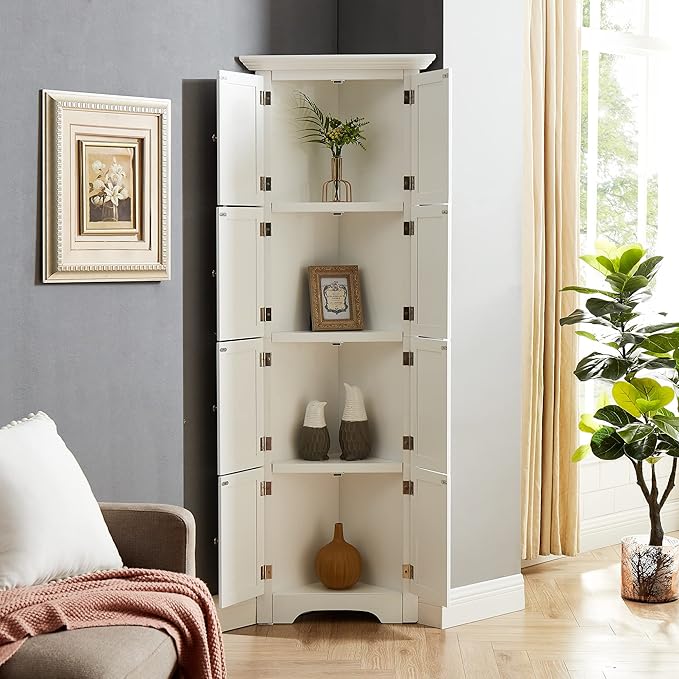 Tall Corner Bookcase Storage Cabinet with Doors and 4 Shelves, Freestanding Triangle Cabinet for Living Room, Kitchen, Office, Small Space, Floor Corner Storage Rack (White)