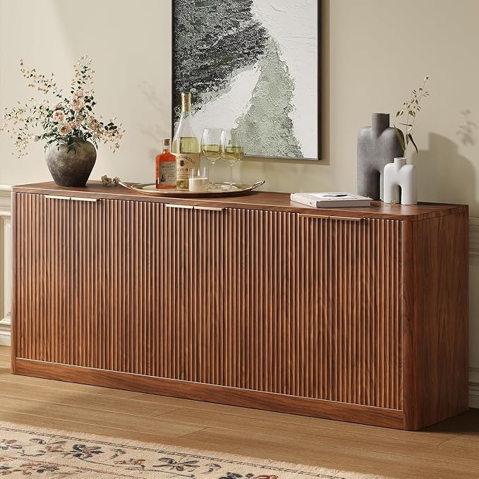 Evermagin 67" Fluted Walnut Buffet Cabinet with Storage | Mid-Century Modern Wood Sideboard, Large Credenza With 6 Doors for Kitchen or Living Room, 67"W x 31.5"H x 15.7"D