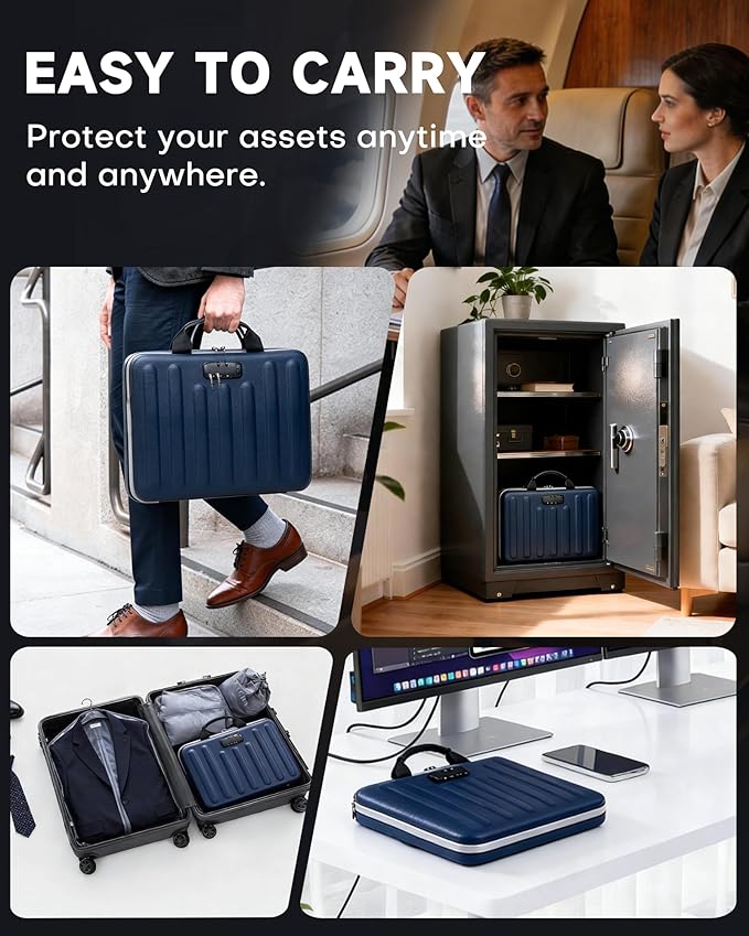 DOZAWA Fireproof Document Box, Waterproof Hard File Organizer with Lock | UL-94 VTM-0 certified 8-layer document box withstands up to 5200°F, featuring waterproof zippers, DeepBlue
