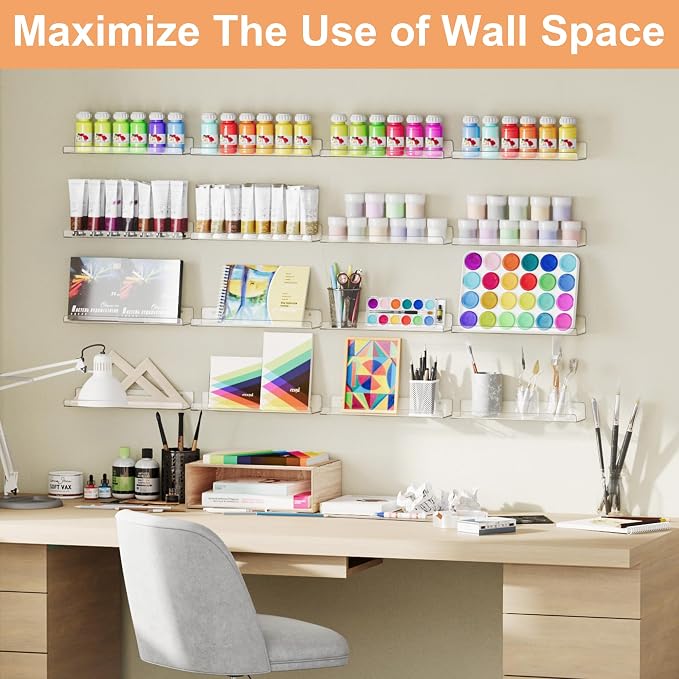 upsimples 10 Pcs 15" Acrylic Shelves for Wall Display and Storage, Clear | Transparent Design Highlights Skincare, Perfume, Easy-to-Find Versatile Floating Shelves for Bathroom, Bedroom and Playroom