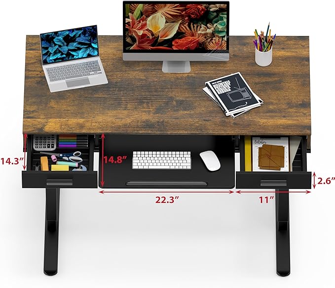 SHW 48-Inch Electric Height Adjustable Desk w/Keyboard Tray, Rustic Brown | w/ 2 Drawers | Memory Presets and Cable Management | Hanging Hooks