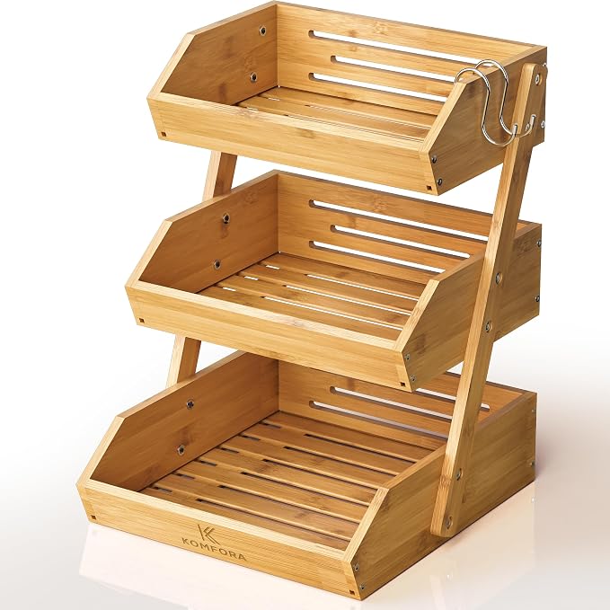 KOMFORA Bamboo Fruit Basket 3-Tier - Premium Produce Basket for Kitchen w/ 2 Hangers - Durable & Easy to Assemble Stand for Countertop - Perfect Holder for Vegetables, Bread, Snacks & More