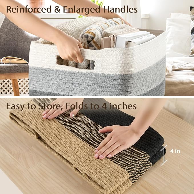 Optish 75L Large Blanket Basket, Woven Storage Baskets with Reinforced Handles, Rope Laundry Basket for Living Room, Bedroom, Nursery, Toys, Clothes,Pillows, 22” x 17” x 11.5”, White & Grey
