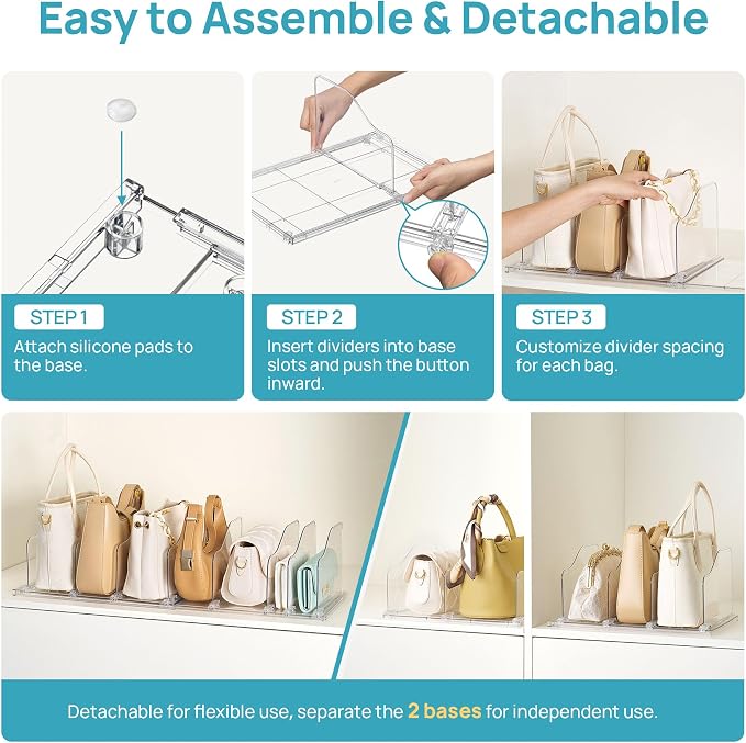 Vtopmart Adjustable Purse Organizer with Expandable Base & Sliding Dividers | 1 Extendable Base & 8 Slide-Freely Dividers, Fits Small bag, Handbags, Keeps Bag Upright & Visible, Maximize Closet Spacing