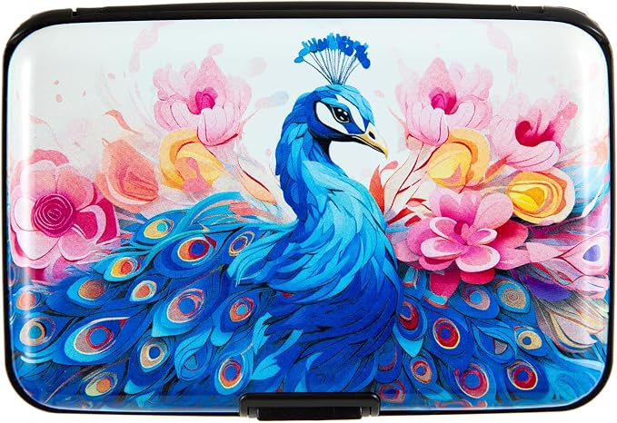 Credit Card Holder for Women Men RFID Blocking Wallet Small Business Metal Slim Mini Aluminum Hard Case (Watercolor Peacock)