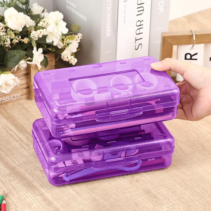 Blulu 6 Pack Large Plastic Pencil Case Box Clear Pencil Boxes Bulk Hard Crayon Box Storage with Snap Lids 8.1 x 4.7 x 2.2 Inch Painting Organizer Classroom Stationery School Supplies (Purple)