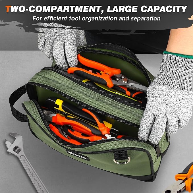 12" Small Tool Bag, Divider Zipper Pouch Tool Box Organizer | Waterproof, Heavy-duty Oxford, Smooth Zipper, Handle & D-Ring, Storage Case for Car Work Tool. Electrician Gift,Green