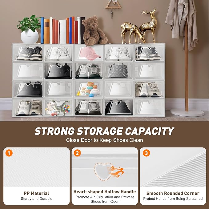 Yykniey 20 Pack Shoe Storage Boxes, Clear Plastic Stackable Shoe Organizer for Closet, Foldable Shoe Container with Heart Vent, Space Saving for Under Bed Entryway, Fits Shoes up to Size 10
