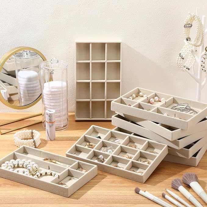 Highergo 8 Pcs Velvet Jewelry Trays Stackable Drawers Organizer Ring Earring Bracelet Necklace Storage Trays, 8.3x4.7x1''(12 Grids)