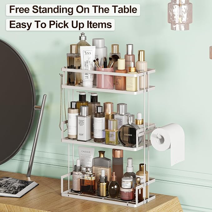 Godboat 3-Tier Over Toilet Storage Shelf, Wall-Mount with 2 Hook/Paper Rack | Bathroom Organizers and Storage Cabinet, Behind/Above/On/Top/Back Tank Shelves, Decor for Bathroom/Restroom/Kitchen/Bedroom