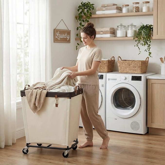 StorageWorks Laundry Basket with Wheels for Clothes, 210L Beige Hamper Cart