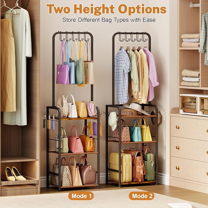 4-Tier Purse Organizer for Closet with 5 Purse Hanger, Tall & Vintage Purse Rack Stand for Purse Storage with 6 Side Hooks, Adjustable Handbag Organizer, Purse Storage Organizer for Small Place