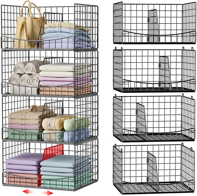 Hongtamoya 4-Tier Closet Organizers and Storage Shelves with Divider, Stackable Closet Shelf Organizer Basket Bins, Clothing Sweaters Storage Container for Wardrobe Cupboard, Black