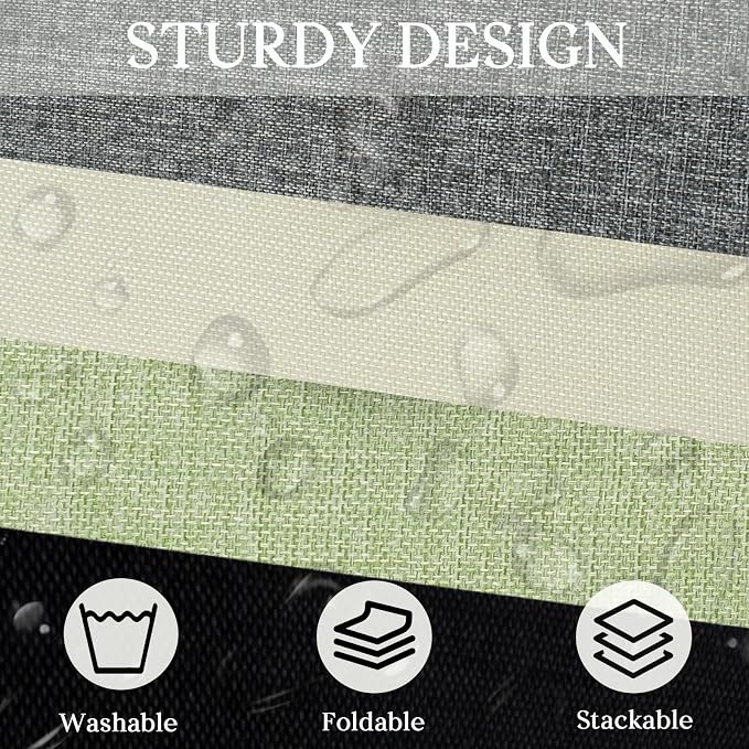 Storage Bins with Zipper Lid Foldable Fabric Lidded Storage Boxes Baskets Cubes Washable Collapsible PU Leather Handle Cotton Linen Fabric Shelf Closet Organizer Container(Green, Small Size)