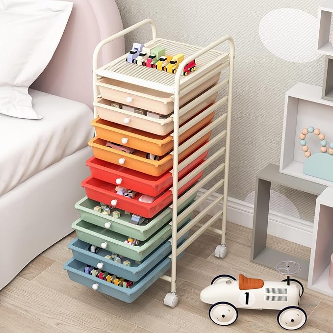 DREAMADE Rolling Cart With Storage Drawers, Utility Cart With Removable Plastic Drawers, Lockable Wheels for Classroom Organization, Art Supplies, Office, Scrapbook (10 Drawers, Macaron)