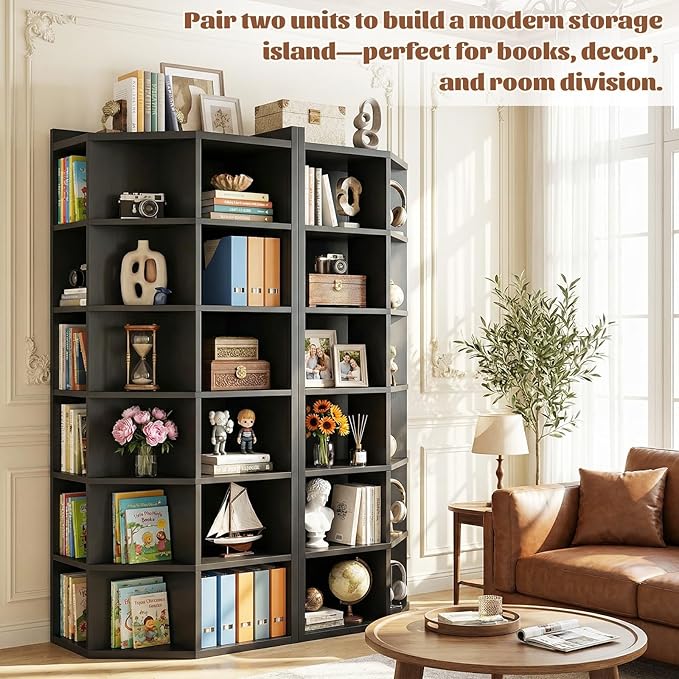 Aheaplus Corner Cube Book Shelf, 7-Tier Corner Storage Cabinet with Top Table, Corner Cube Storage Shelf for Small Space, Wooden L Shaped Cubby Bookcase for Home Office, Bedroom, Living Room, Black