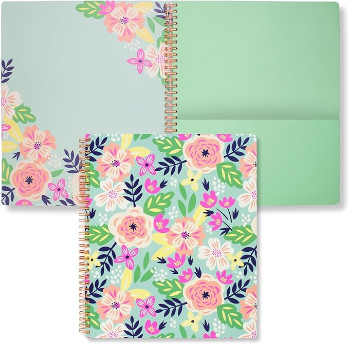 Steel Mill & Co Cute Large Spiral Notebook College Ruled, 11" x 9.5" with Durable Hardcover and 160 Lined Pages, Mint Floral