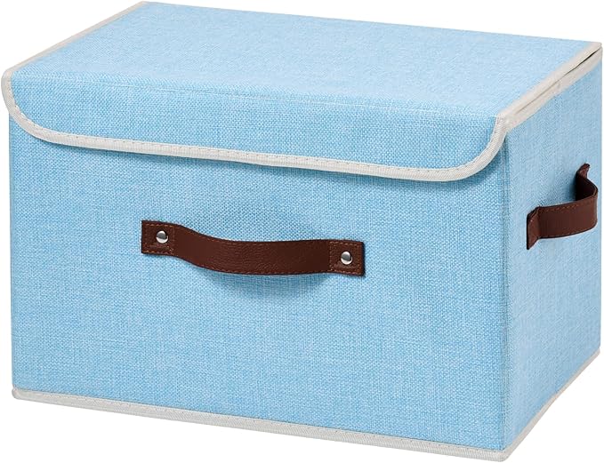 Storage Boxes with Lid Cotton Linen Fabric Storage Bins Organizer Container Decorative Collapsible Washable Shelf Baskets Faux Leather Handles for Home Bedroom Closet (Light Blue, Large)