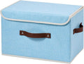 Storage Boxes with Lid Cotton Linen Fabric Storage Bins Organizer Container Decorative Collapsible Washable Shelf Baskets Faux Leather Handles for Home Bedroom Closet (Light Blue, Large)