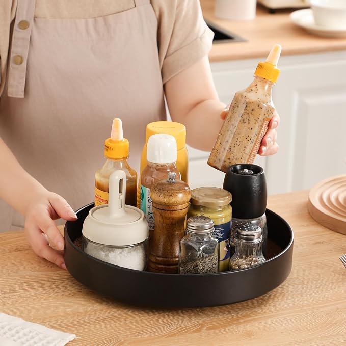 Non-Slip Rotating Lazy Susan Turntable, 360-Degree Swivel, Black with Textured Surface (Black, 12 inches)