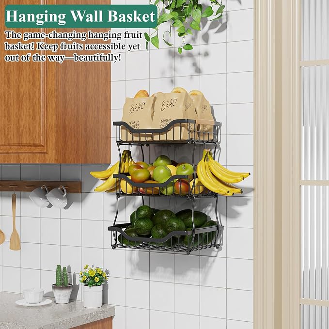 OKZEST 3-Tier Fruit Basket Fits Under Standard Upper Cabinet, 17.2" Tall | 2-In-1 Wall Mount & Countertop. Stackable Kitchen Organizer with Banana Hanger, Hold Potato, Onion, Bread, Snack, Can, Veggie