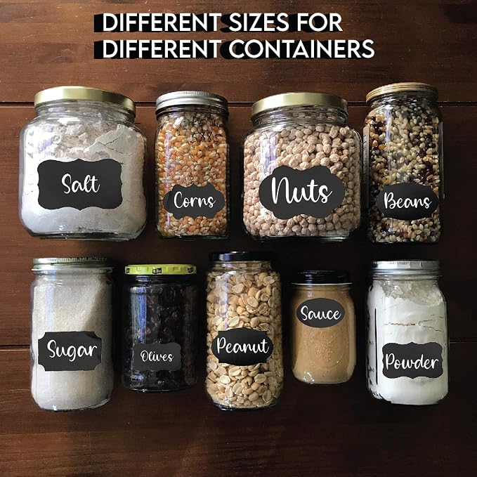 Mantah Chalkboard Label Stickers 96pcs - 9 Assorted Shapes in 3 Sizes with 2 White Chalk Marker, Reusable Waterproof Label for Storage Bin, Food Container, Jars, Containers