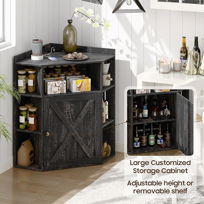 Halitaa Corner Storage Cabinet, Farmhouse Corner Bookshelf with Storage 6-Cubby Wooden Cabinet with USB Ports and Outlets Industrial Organizer for Small Space, Study, Playroom, Living Room