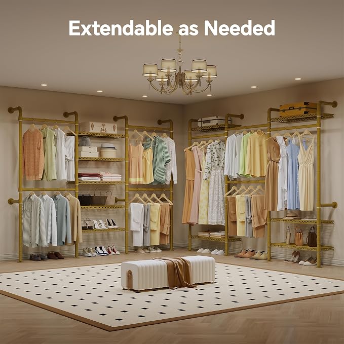 Higeego W3 Wall Mounted Closet System, Expandable Industrial Pipe Clothes Rack Clothing Rack for Hanging Clothes, Heavy Duty Garment Rack Closet Organizers and Storage Reach in Closet, Gold