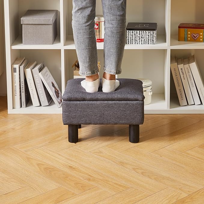 Aibiju Small Foot Stool Ottoman with Storage, Linen Foot Rest with Wood Legs Safety Hinge Flip Top, Bedside Step Stool Rectangle 16x12x9.5inch for Living Room Bedroom Dark Gray YD-JD1363
