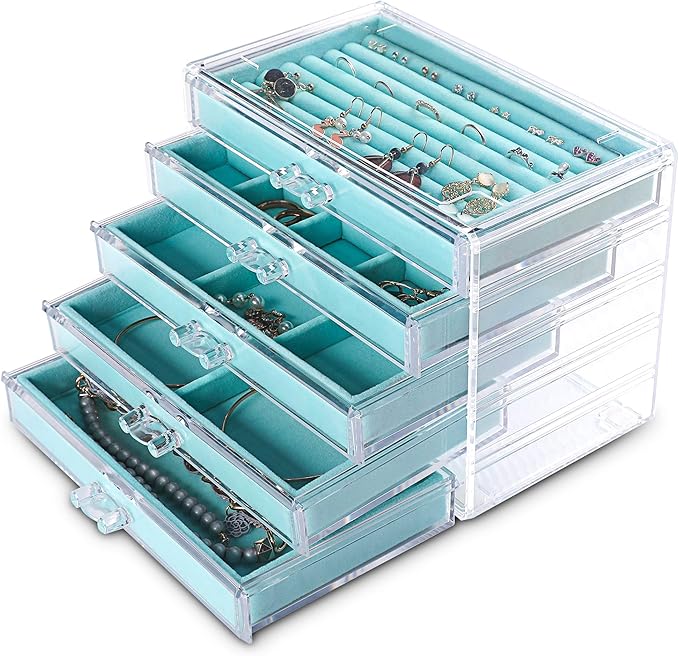 Frebeauty Extra Large Acrylic Jewelry Box for Women 5 Layers Clear Jewelry Organizer Velvet Earring Box with 5 Drawers Rings Display Case Necklaces Holder Tray for Women Girls (Turquoise) | Jewelry Storage for Rings Earrings Bracelets,Dustproof,Velvet ...