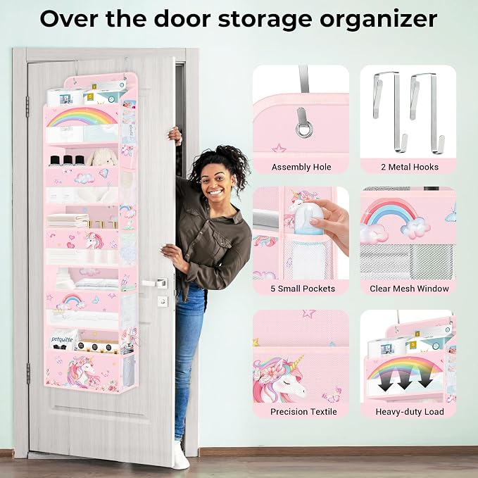 Clastyle Over the Door Organizer Diaper Toy Nursery Hanging Shelf, Unicorn | Pink Rainbow, 5-Tier Clear Window Mesh Pocket 44 lbs Weight Capacity, Behind Door Storage, Bedroom Bathroom Closet Pantry
