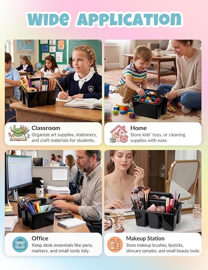 6 Pack Classroom Caddy Organizer with Handle, Table Caddy Classroom | 4 Compartments, 9×6.3×6.7 inches, Thick Durable PP Plastic, Built-in Handle, Stackable Design, for Classroom Desk Office Home