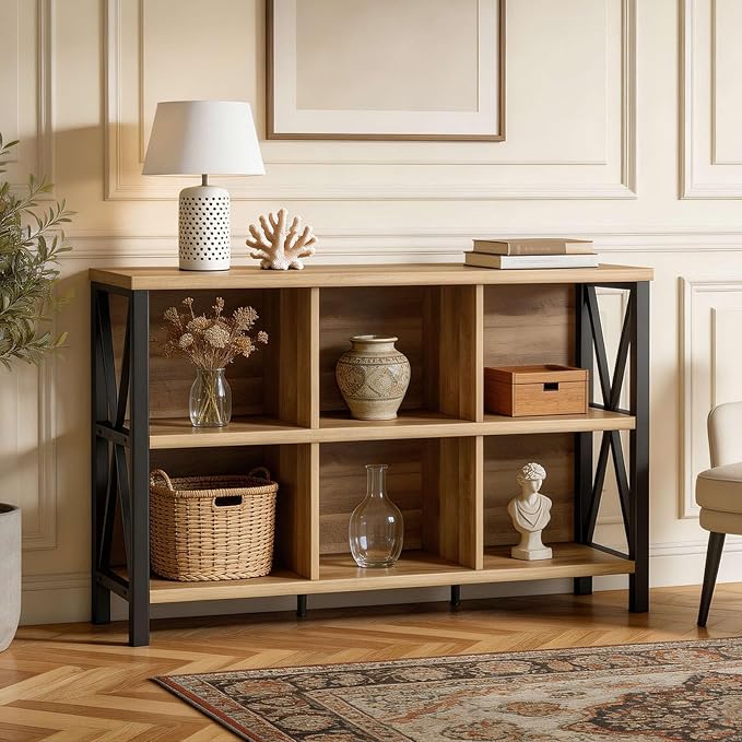 FATORRI 6 Cube Storage Organizer with Shelf, Long Wood and Metal Cubby Bookcase, Industrial Horizontal Bookshelf (Rustic Oak, 47 Inch) | with Shelf, Long, Horizontal Bookshelf