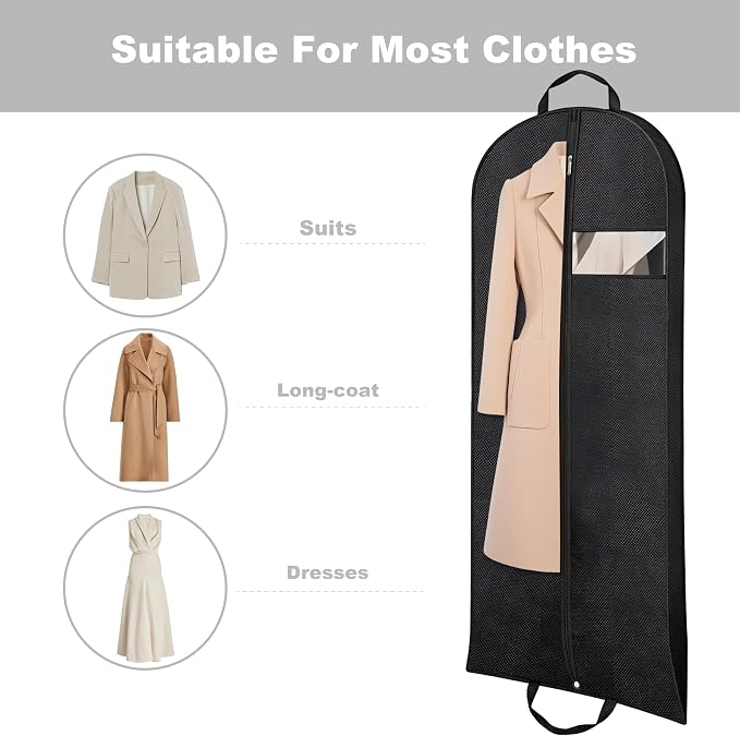 Gusseted Dress Bags for Gowns Long, 65'' Garment Bags for Hanging Clothes, Suit Bag Cover for Storage and Travel (Black)