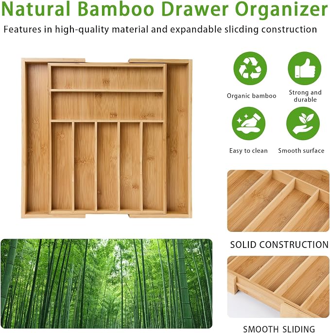 Bamboo Expandable Silverware Drawer Organizer, Adjustable Utensil Tray Cutlery Holder for Kitchen Drawer, Flatware Storage Organizer for Spoons, Forks and Knives, Natural (9 Slot,)