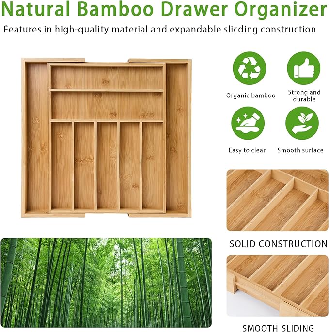 Bamboo Expandable Silverware Drawer Organizer, Adjustable Utensil Tray Cutlery Holder for Kitchen Drawer, Flatware Storage Organizer for Spoons, Forks and Knives, Natural (5 Slot,)