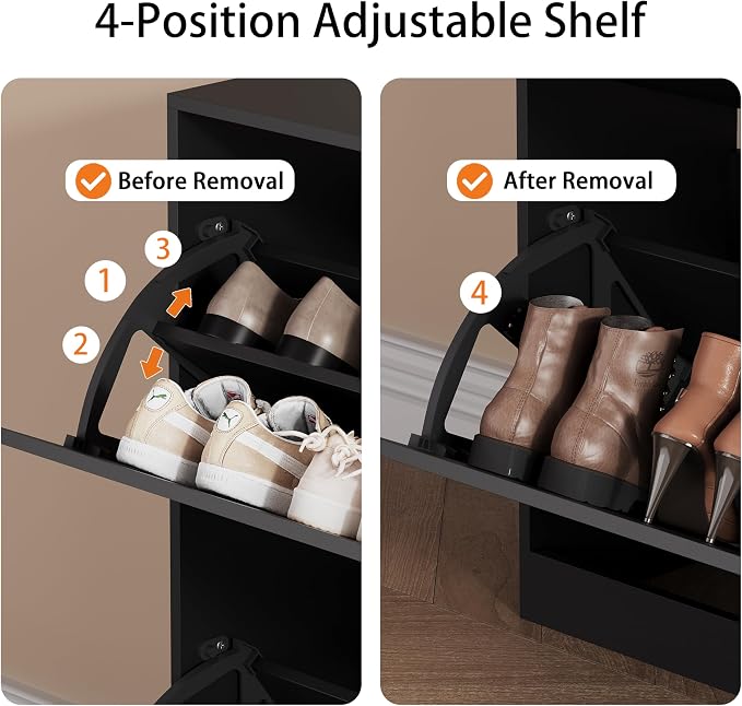 Shoe Storage Cabinet, Wood Shoe Organizer for Entryway with 3 Flip Drawers, Freestanding Shoe Rack with Adjustable Shelf, Narrow Shoe Dresser for Front Door Entrance (Black, 4 Drawers)