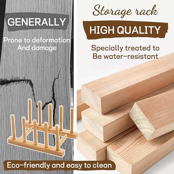 Bamboo Dish Drying Rack for Kitchen Counter, 4 Slots Plate Organizer Stand for Cups Cutting Board Pot Lid Books, Space Saving Bamboo Rack for Cabinet Display
