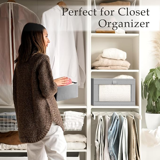 Criusia 4 Pack Linen Closet Organizers and Storage, Closet organizer Large Linen Closet Baskets for Organization, Foldable Storage Containers for Towels, Clothing, Jeans, Books, Shelves,Grey
