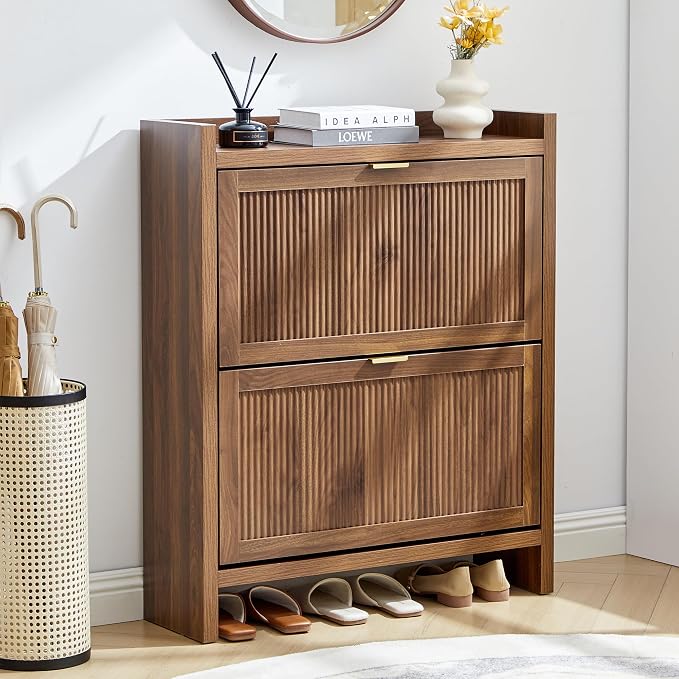 Fluted Shoe Storage Cabinet with 2 Flip Door for Entryway, Modern Freestanding Narrow Wood Shoe Rack Cabinet for Foyer, Front Door, Hallway