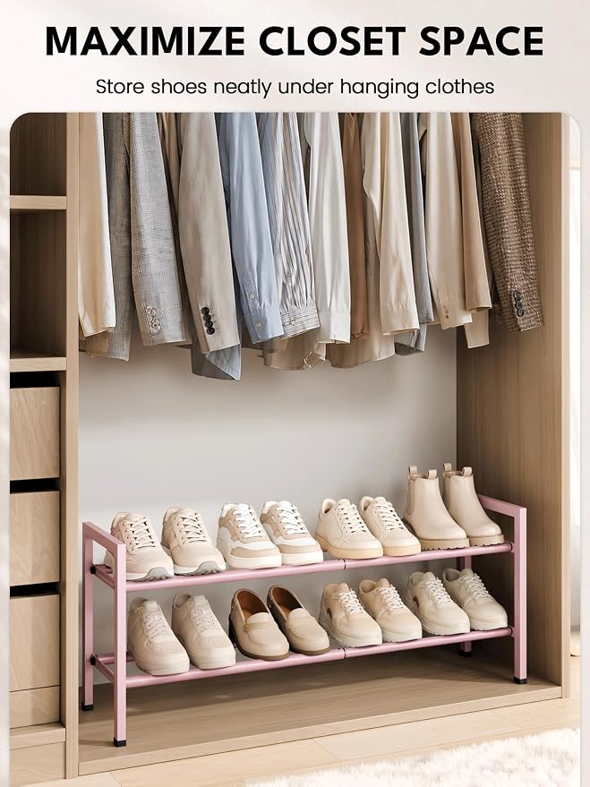 Bumusty 2-Tier Expandable Shoe Rack for Closet, 18“-33” Adjustable Shoe Rack for Small Space, Small Shoe Organizer for Front Door, Sturdy Metal, Pink