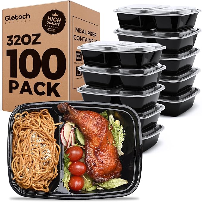 100 Pack (200-Piece)32 oz Meal Prep Containers,2-Compartment Reusable Food Storage Containers with Lids,Microwave Freezer Dishwasher Safe,Sturdy Leakproof&BPA Free Bento Box for To Go Take Out