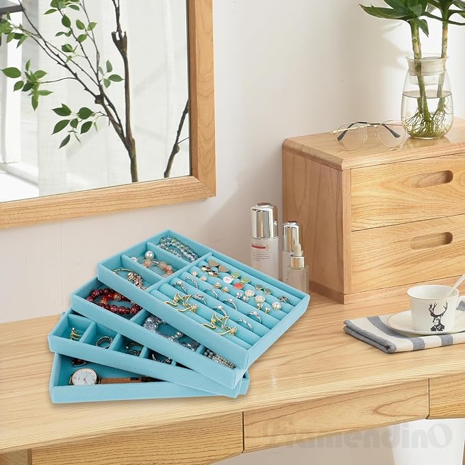 Framendino, 4 Pack Blue Velvet Jewelry Trays Stackable Organizer Drawer Inserts Container Display Case for Bracelets Necklaces