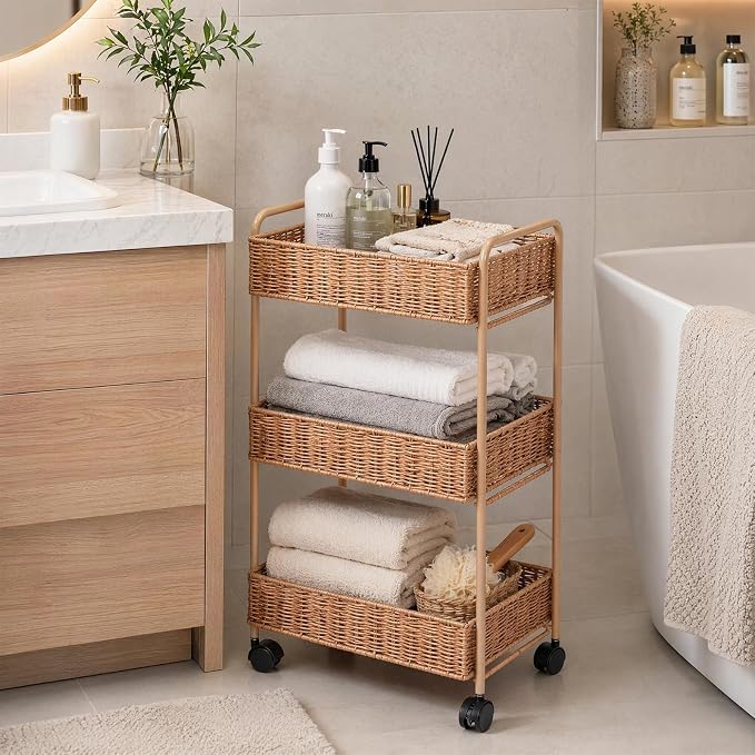 FOCHIER F Utility Storage Cart,3-Tier Rolling Kitchen Office Laundry Room Cart with Wheels,Mobile Shelving Unit Organizer for Living Room,Bathroom, Baby Diaper Cart,Art,Dining Room